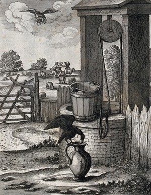 view A crow is standing on the handle of a large pitcher in front of a well; illustration of a fable by J. Ogilby.