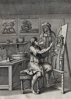 view An artist dreams that he is painting the portrait of the Devil disguised as a virtuoso: episode in a fable by John Ogilby. Etching attributed to F. Barlow, 1673.