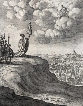 An ape with a robe and a crown, with a bodyguard of apes behind, stands on a hill holding up a small clothed ape before an assembly of animals below; illustration of a fable by J. Ogilby. Etching.