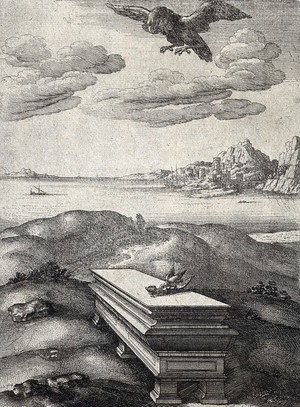 view On stone tomb with six feet, a daw is eating a shell dropped by the eagle above; illustration of a fable by Aesop. Etching.