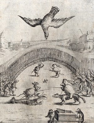 view A battle between frogs and mice (Batrachomyomachia): a kite descends and kills the combatants. Etching.
