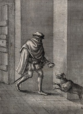 A man covering his face with a cloak enters a house by the door and holds a half-loaf of bread to a dog that springs at him; illustration of a fable by Aesop. Etching by W. Hollar.
