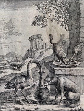 A fox licks the outside of a jug into which a crane has inserted its bill. Behind them the fox is picking up corn on a raised platform, and the crane tries to do the same. Etching by D. Stoop for a fable by J. Ogilby.