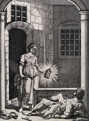 view A young woman with a lamp and a key is entering a cell in which a manacled man is tied to a pillory; illustration for a fable. Etching.