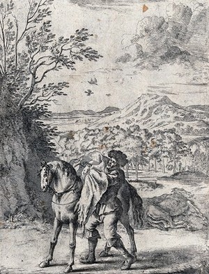 view A man is packing coffers on to a horse while an ass is lying dead and flayed in the background; illustration of a fable. Etching by D. Stoop.