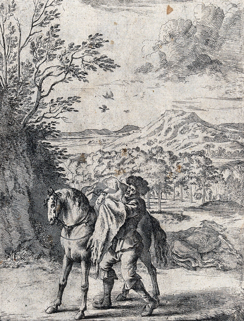 A man is packing coffers on to a horse while an ass is lying dead and flayed in the background; illustration of a fable. Etching by D. Stoop., [1665], by John Ogilby