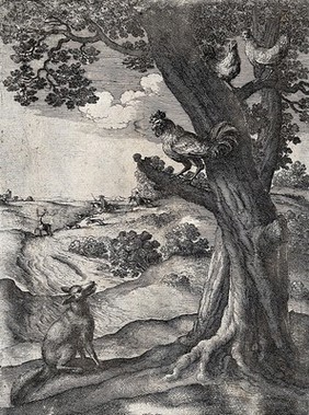 A fox is sitting underneath a tree on which a cockerel and two hens are sitting, while a stag hunt is taking place in the background. Etching by W. Hollar for a fable by Aesop.