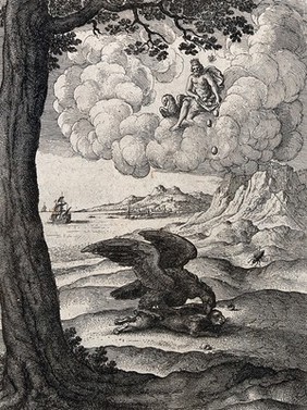 An eagle, perched on the back of a hare, pecks at its neck while Jupiter sitting in the clouds, shakes what seems like eggs from his cloak; illustration of a fable by Aesop. Etching.