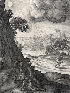 view A traveller is sitting in the shade of a tree with his cloak off and he is shown in the background buffetted by the wind, wrapping his cloak around him. Etching by W. Hollar for a fable by Aesop.