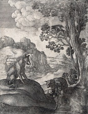A wolf is sitting on a mound opposite a sheep and two foxes with two eagles watching on from a tree; illustration of a fable. Etching.