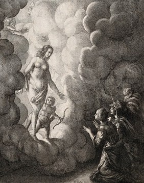 Venus and Cupid descend from the clouds towards a widow of Ephesus and a soldier who is in love with her. Etching by W. Hollar.