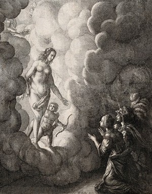 view Venus and Cupid descend from the clouds towards a widow of Ephesus and a soldier who is in love with her. Etching by W. Hollar.