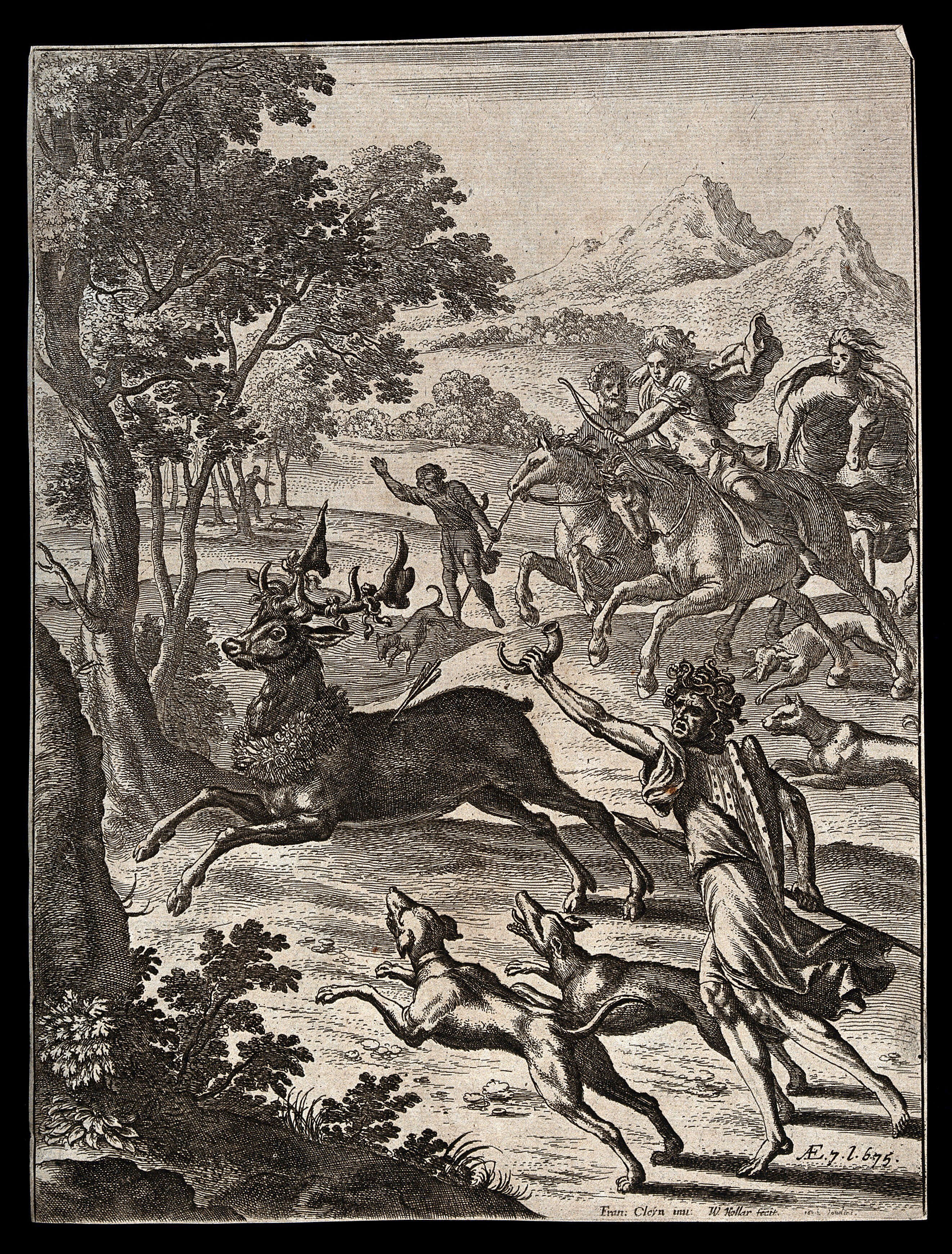 Ascanius Hunting The Pet Stag Of Silvia Etching By W Hollar 1652 After F Cleyn Wellcome Collection