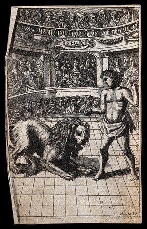 view A lion and a gladiator are facing each other in an arena with the Emperor looking on; illustration of a fable. Etching.