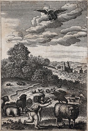 Two children are running towards a sheep with a crow on its back while an eagle bears a lamb in its claws in the sky above; illustration of a fable by Aesop. Etching.