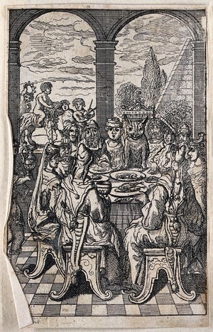 view A group of people is sitting around a dinner table presided over by a cat; illustration of a fable. Etching.