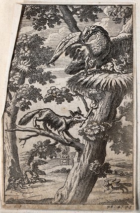 In the foreground a fox with a flaming torch in its mouth is climbing up a tree trying to reach an eagle's nest; illustration of a fable by Aesop. Etching.