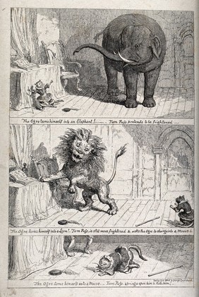 Three scenes from the adventures of Tom Puss. Reproduction of an etching by G. Cruikshank.