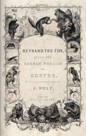 Frontispiece of the illustrated adventures of Reynard, the fox. Reproduction of an etching.