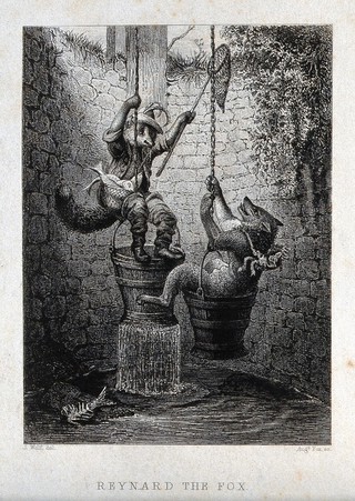 Reynard the fox is lowering himself into a well by sitting on the well-bucket, while the wolf is raised out of the well by the same move. Etching by A. Fox after J. Wolf.