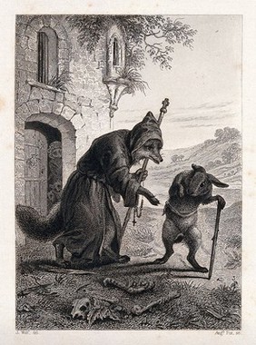 A fox dressed as a monk is greeting a passing hare with a walking stick. Etching by A. Fox after J. Wolf.