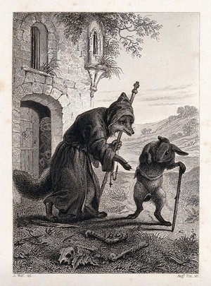 view A fox dressed as a monk is greeting a passing hare with a walking stick. Etching by A. Fox after J. Wolf.