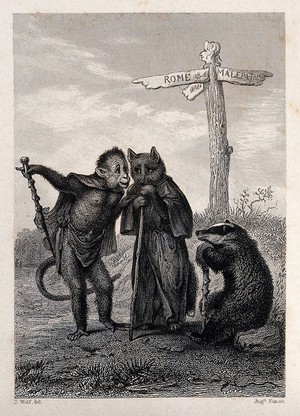 view A fox, a monkey and a badger are deliberating directions at a crossing. Etching by A. Fox after J. Wolf.