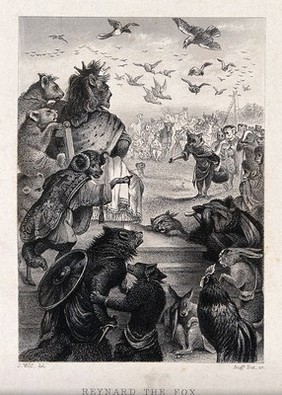 A fox is petitioning the lion dressed as king, while injured animals surround the throne. Etching by A. Fox after J. Wolf.