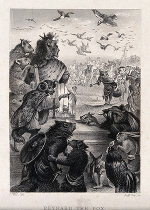 view A fox is petitioning the lion dressed as king, while injured animals surround the throne. Etching by A. Fox after J. Wolf.