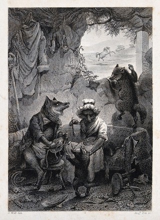 Inside the fox's abode, the old fox is stuffing a hare's head into a bag while the female fox is entertaining the young. Etching by A. Fox after J. Wolf.