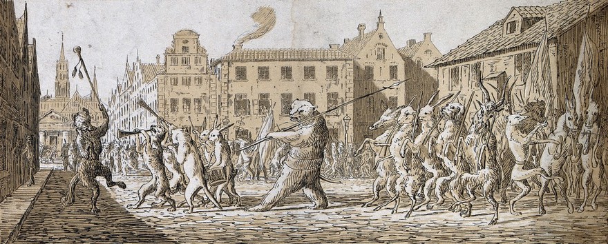 A procession of animals carrying guns and playing music is following a standard-bearing wolf on to a market place. Colour lithograph attributed to J.F.L. Dreier.