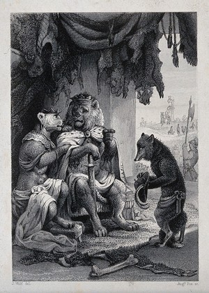 view A fox is pleading before the lion dressed as king while an execution of a fox takes place outside. Etching by A. Fox after J. Wolf.