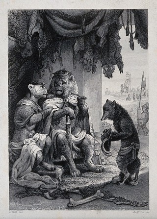 A fox is pleading before the lion dressed as king while an execution of a fox takes place outside. Etching by A. Fox after J. Wolf.