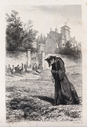 view A fox in a monk's habit is apparently deeply engrossed in praying while it approaches the chicken run outside the monastery. Etching by A. Fox after J. Wolf.