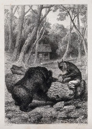 view A fox, sitting on a tree trunk, is enticing a bear to poke its head in the hollow of the trunk, so as to trap the bear's head. Etching by A. Fox after J. Wolf.