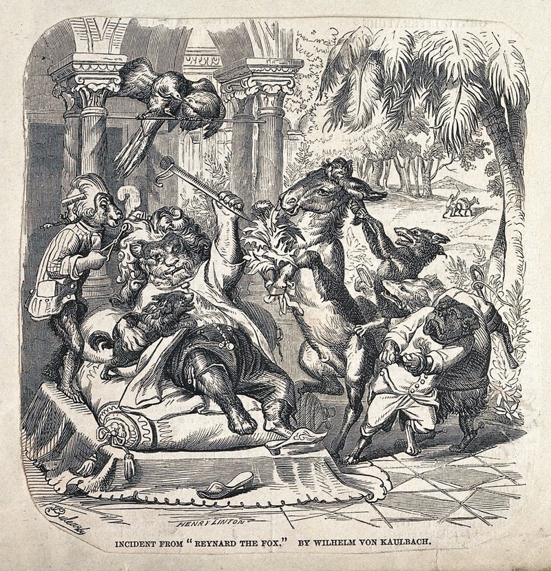 The lion dressed as king is presented with a bouquet of thistles by a mule while he is having his mane curled by a monkey dressed as coiffeur. Wood engraving by H. Linton after L. Bulewski after W. Kaulbach., by Wilhelm von Kaulbach