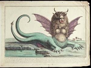 view The "Peruvian harpy": a harpy with two tails, horns, fangs, winged ears, and long wavy hair. Coloured etching.