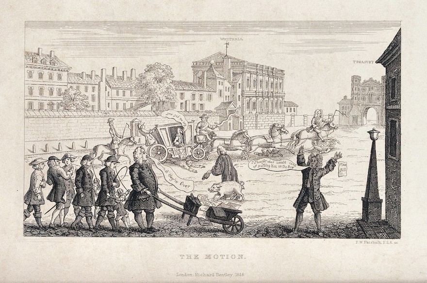 Politicians from the Opposition proceed down Whitehall to remove Sir Robert Walpole from office. Etching by F. W. Fairholt, 1848.