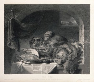 view A monkey with a cap, standing behind a heavily laden table in a larder. Engraving by W. Taylor after G. Lance, 1847.