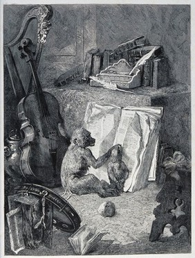 An older monkey teaching a younger one to read. Reproduction of a wood engraving by H. Linton after E. Morin.