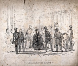 view Drury Lane Theatre, London: royal visitors looking at animals in enclosures. Lithograph by W. Taylor.