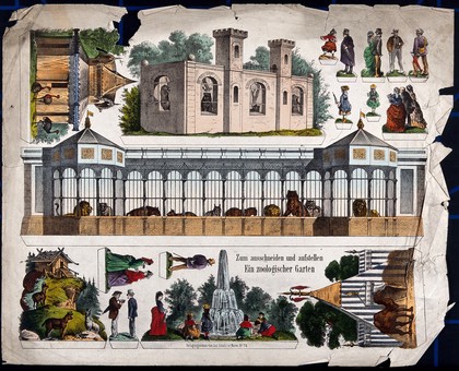 A zoological garden with animal enclosures and people as paper cutouts. Coloured lithograph.