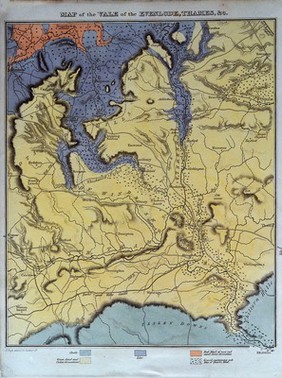 Map of the vale of the Evenlode, Thames, charting stone formation in various colours. Coloured etching by J. Cross.