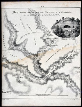 A map showing the caves and valleys of denudation in the district of Muggendorf in Bavaria, Germany. Lithograph by G. Scharf.