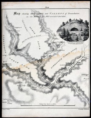 view A map showing the caves and valleys of denudation in the district of Muggendorf in Bavaria, Germany. Lithograph by G. Scharf.
