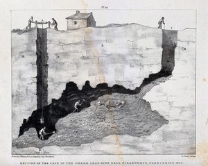 view Cross-section of a lead mine in Derbyshire, showing miners working towards an animal fossil. Lithograph by T. Webster after a sketch by W. Buckland.