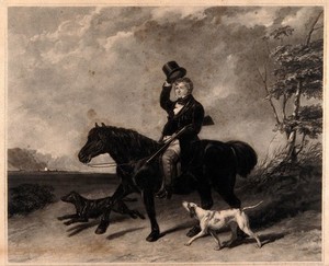 view A man on horseback raises his top hat in greeting, in a rural landscape; two dogs run alongside. Aquatint (?) by T. Lupton after A. Cooper.