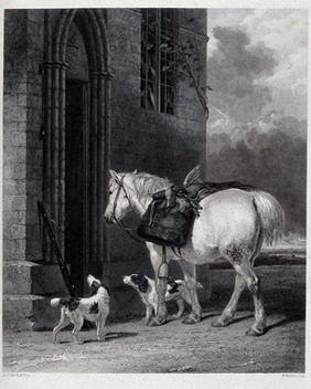 A white pony and two dogs (field spaniels?) wait by a carved stone (church?) doorway. Engraving by W. Raddon after A. Cooper, 1827.