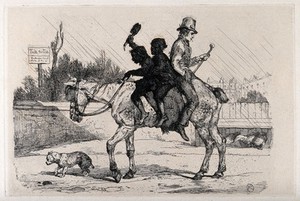 view Two young chimney sweeps on a decrepit horse, in a yard; a man is seated behind them, facing backwards. Etching after E.H. Landseer, ca. 1848.