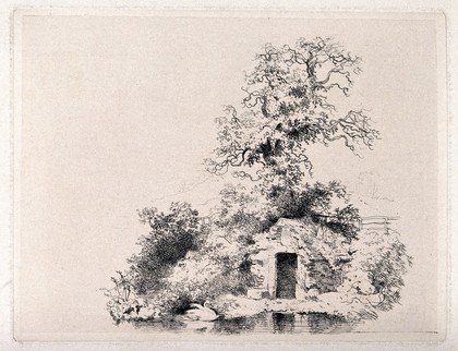 A ruined cottage (?) by a lakeside. Etching after E.H. Landseer, 1820/1848 (?).